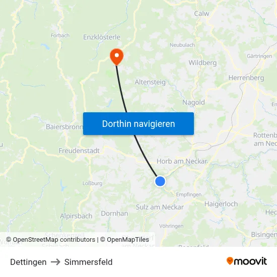Dettingen to Simmersfeld map