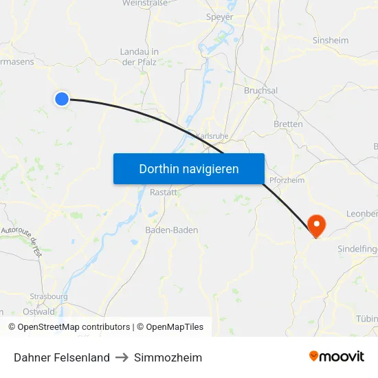 Dahner Felsenland to Simmozheim map