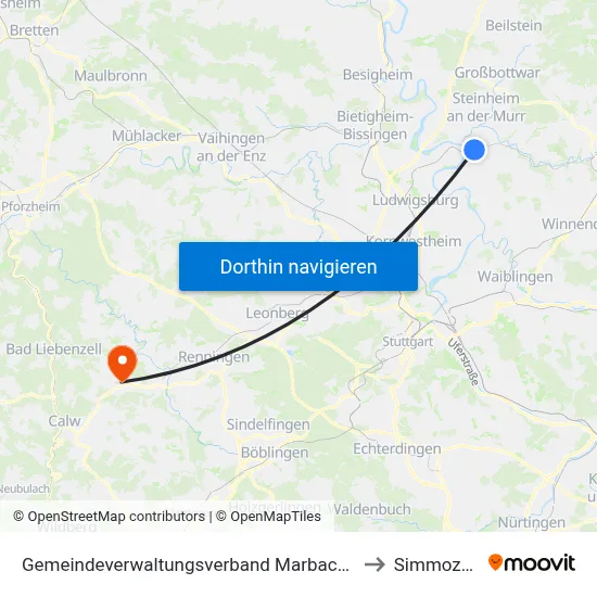 Gemeindeverwaltungsverband Marbach am Neckar to Simmozheim map