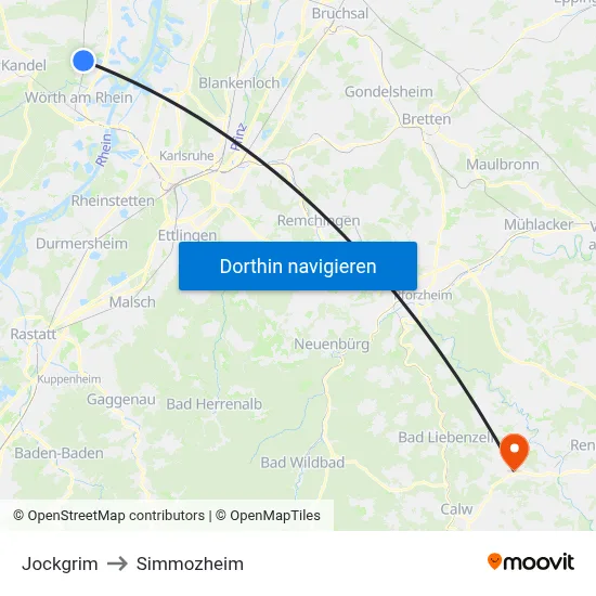 Jockgrim to Simmozheim map