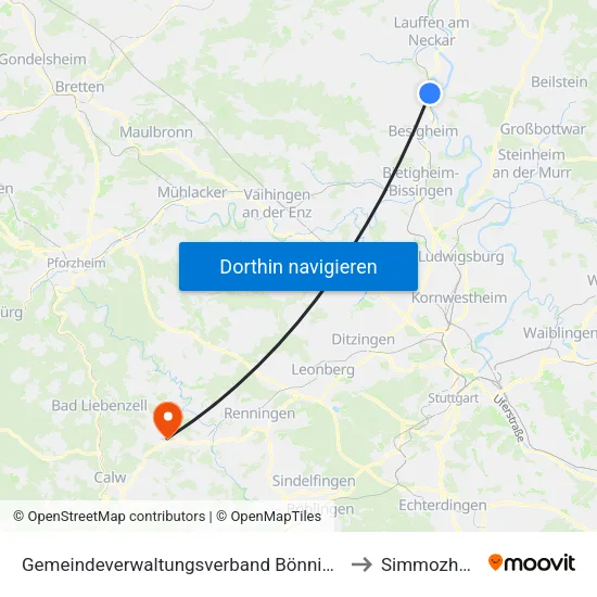 Gemeindeverwaltungsverband Bönnigheim to Simmozheim map