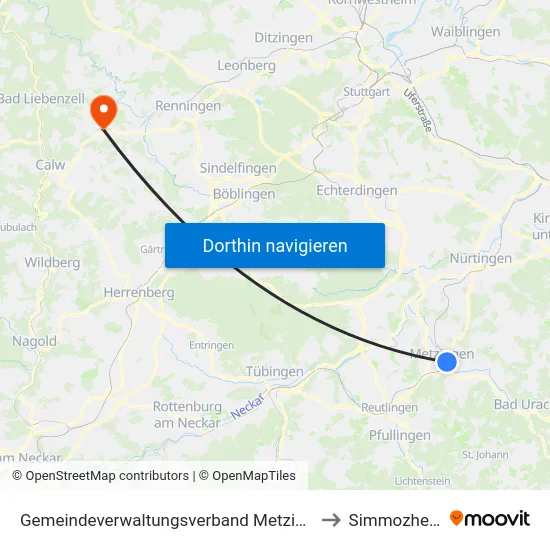 Gemeindeverwaltungsverband Metzingen to Simmozheim map