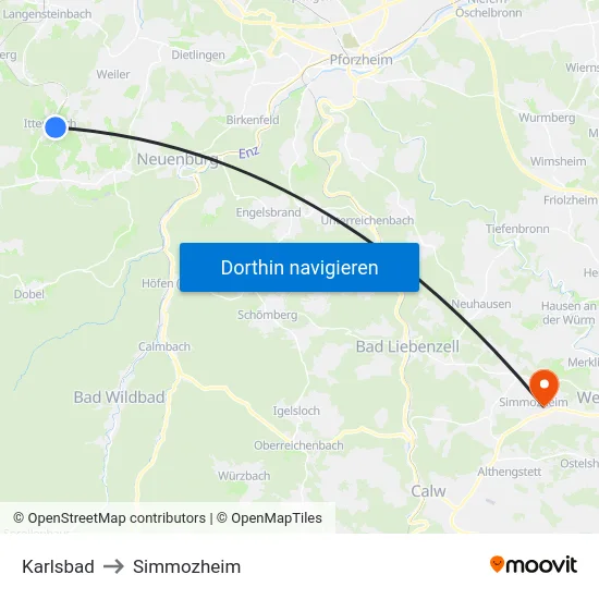 Karlsbad to Simmozheim map