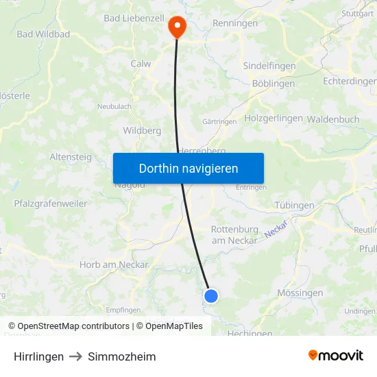 Hirrlingen to Simmozheim map