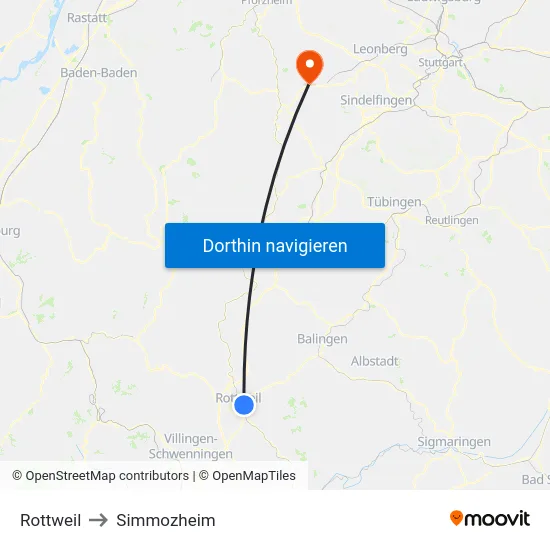 Rottweil to Simmozheim map