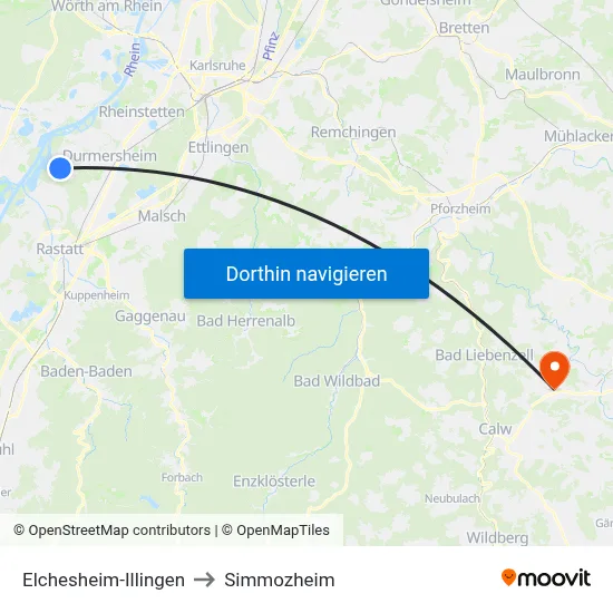 Elchesheim-Illingen to Simmozheim map