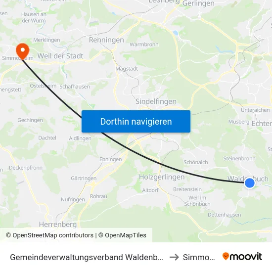 Gemeindeverwaltungsverband Waldenbuch/Steinenbronn to Simmozheim map