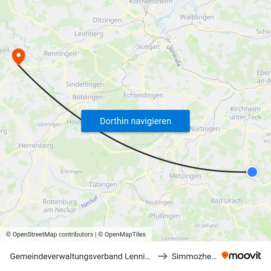 Gemeindeverwaltungsverband Lenningen to Simmozheim map