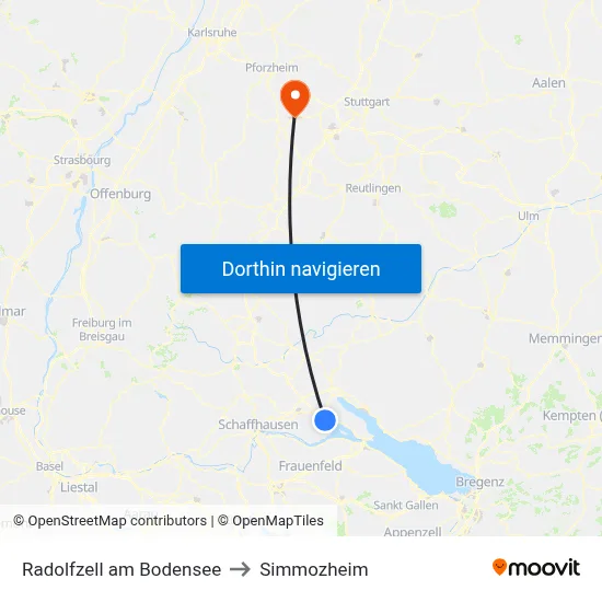 Radolfzell am Bodensee to Simmozheim map