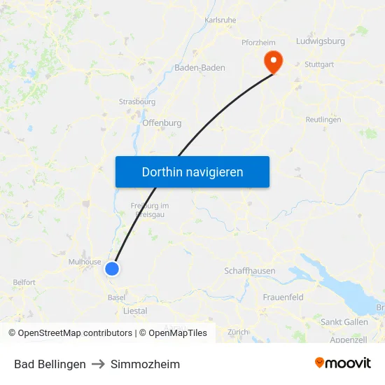 Bad Bellingen to Simmozheim map