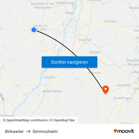 Birkweiler to Simmozheim map