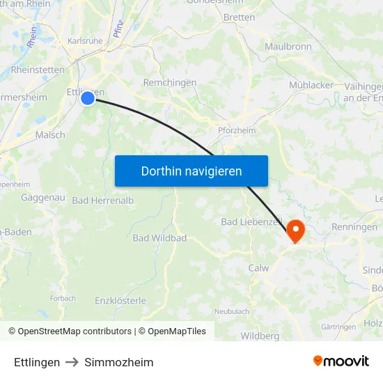 Ettlingen to Simmozheim map