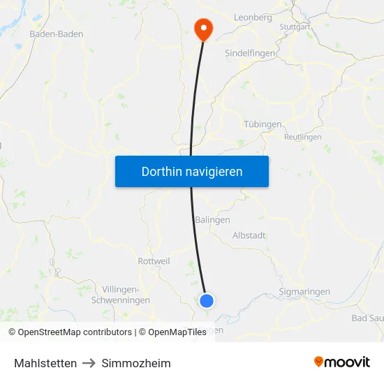Mahlstetten to Simmozheim map