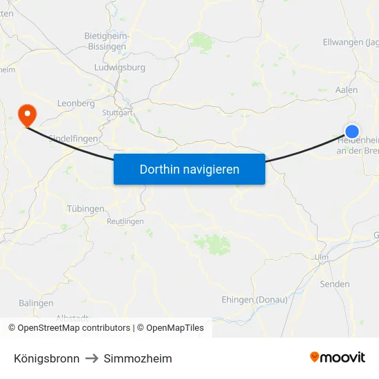 Königsbronn to Simmozheim map