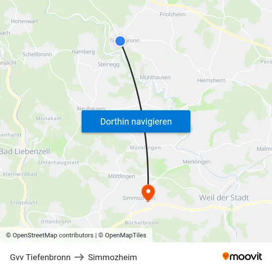 Gvv Tiefenbronn to Simmozheim map