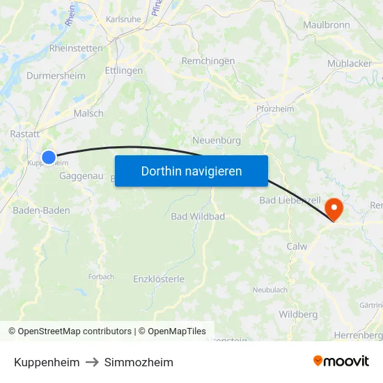 Kuppenheim to Simmozheim map