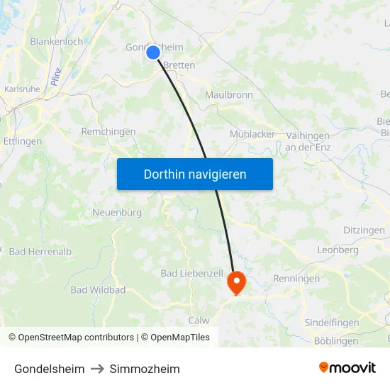Gondelsheim to Simmozheim map