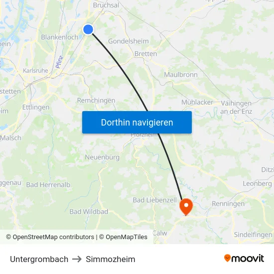 Untergrombach to Simmozheim map