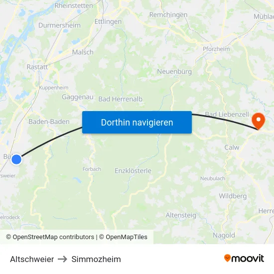 Altschweier to Simmozheim map