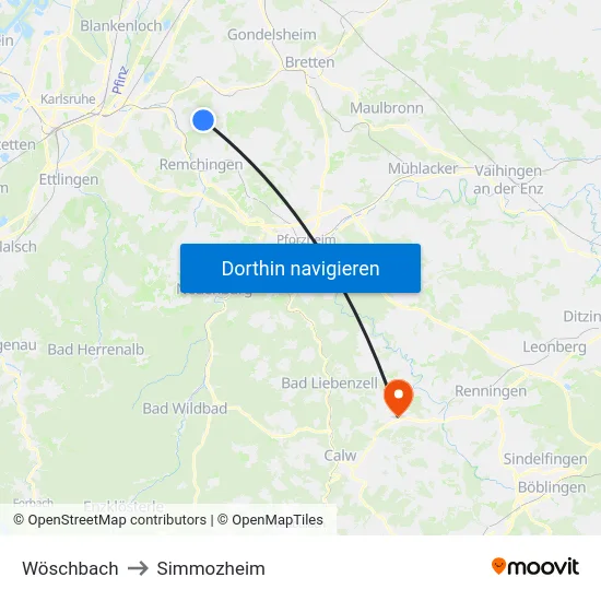 Wöschbach to Simmozheim map