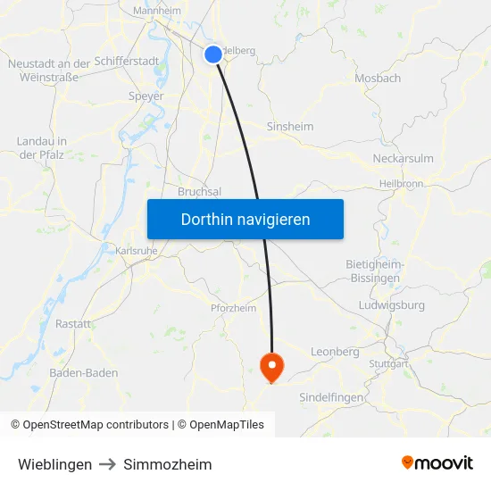Wieblingen to Simmozheim map