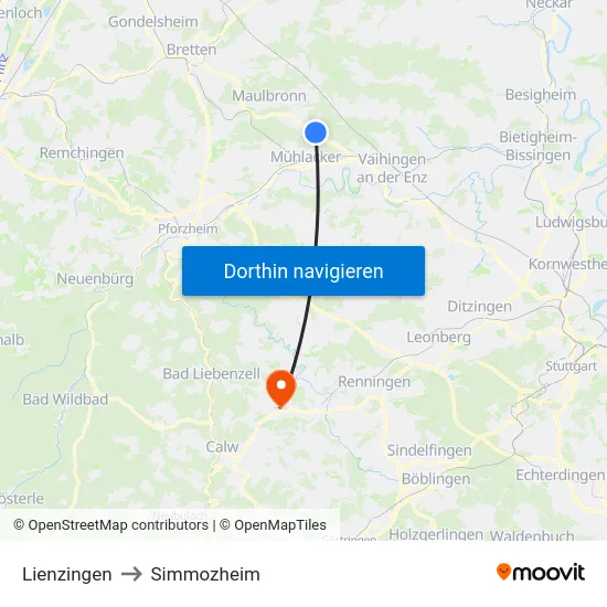 Lienzingen to Simmozheim map