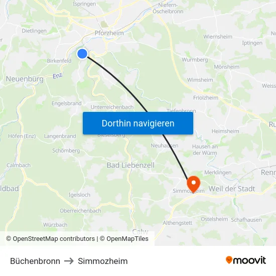 Büchenbronn to Simmozheim map