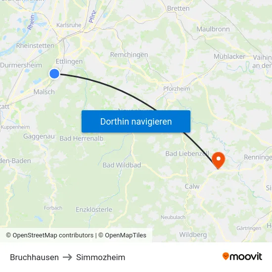 Bruchhausen to Simmozheim map