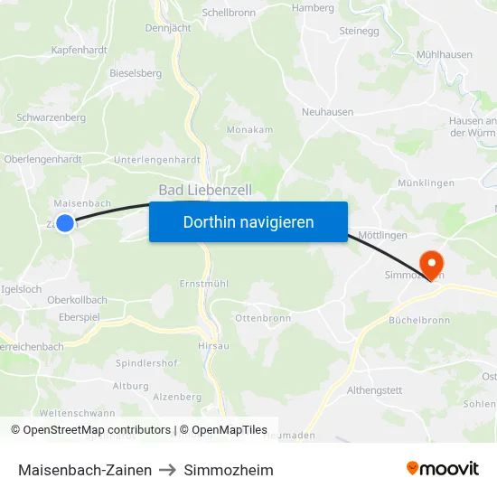 Maisenbach-Zainen to Simmozheim map