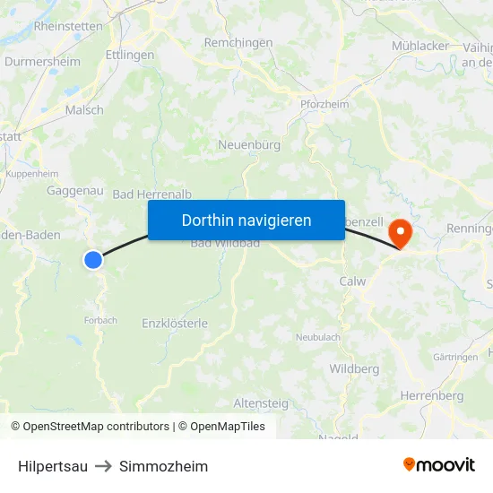 Hilpertsau to Simmozheim map
