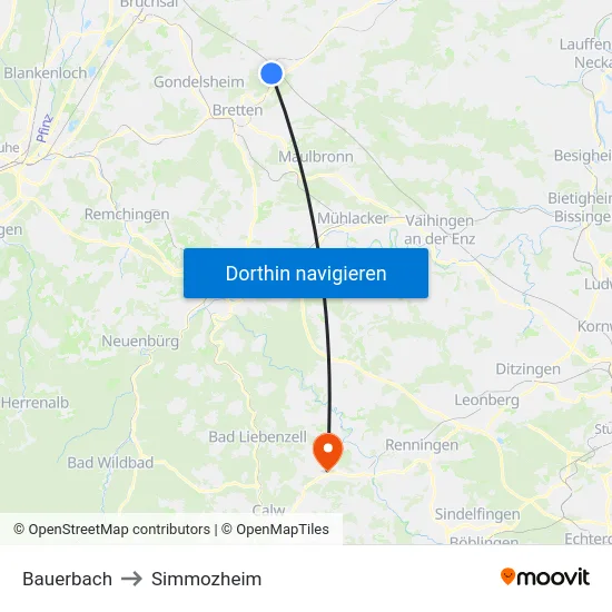 Bauerbach to Simmozheim map