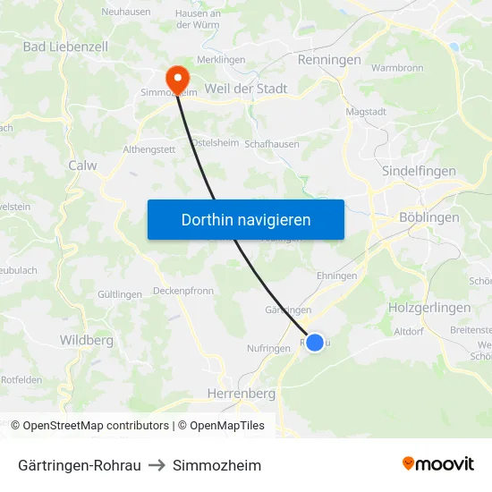 Gärtringen-Rohrau to Simmozheim map