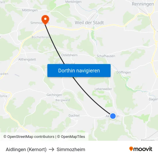 Aidlingen (Kernort) to Simmozheim map