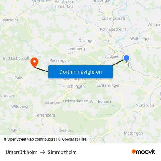 Untertürkheim to Simmozheim map