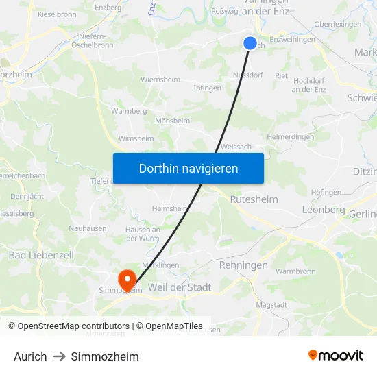 Aurich to Simmozheim map