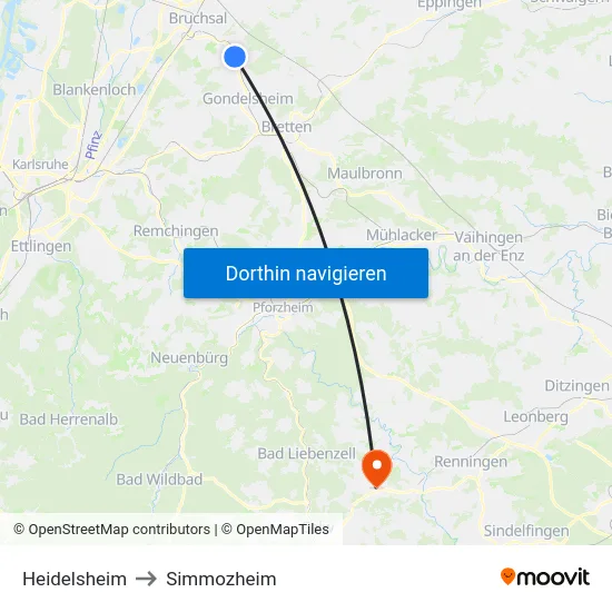 Heidelsheim to Simmozheim map