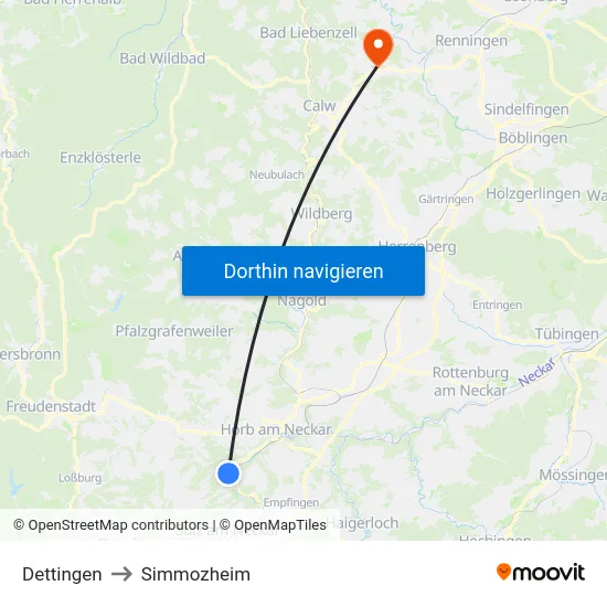 Dettingen to Simmozheim map