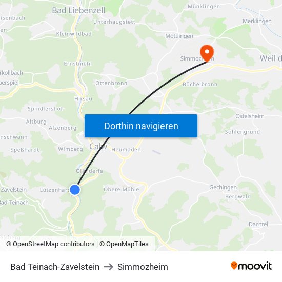 Bad Teinach-Zavelstein to Simmozheim map