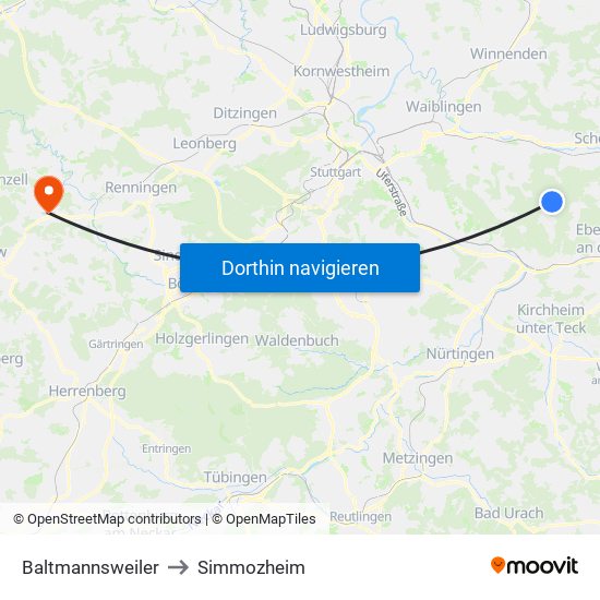Baltmannsweiler to Simmozheim map