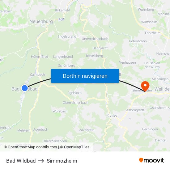 Bad Wildbad to Simmozheim map