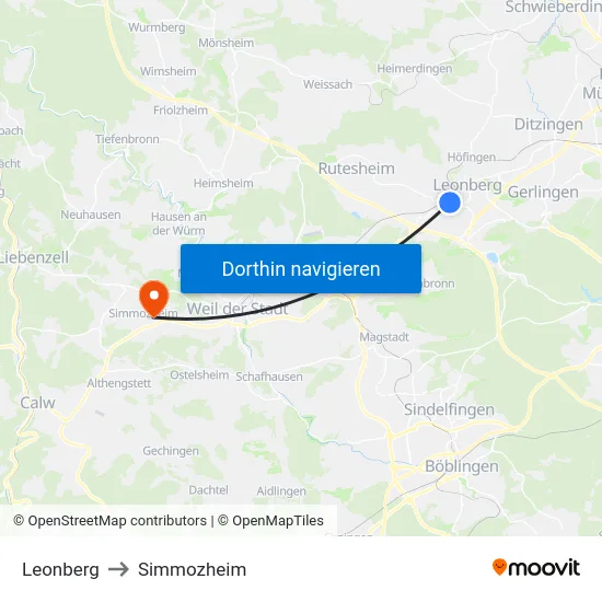Leonberg to Simmozheim map