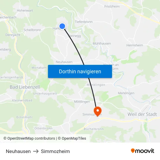 Neuhausen to Simmozheim map