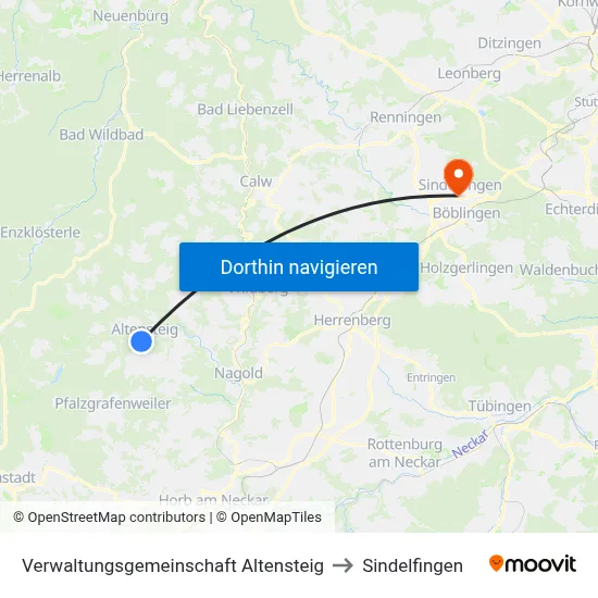 Verwaltungsgemeinschaft Altensteig to Sindelfingen map