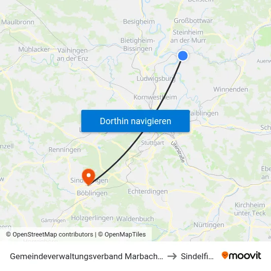 Gemeindeverwaltungsverband Marbach am Neckar to Sindelfingen map