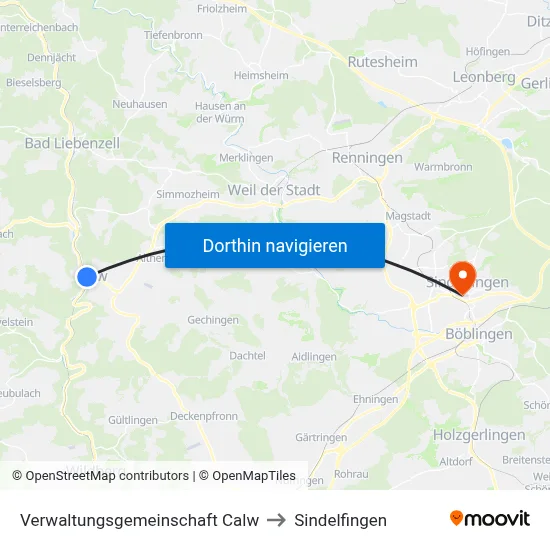 Verwaltungsgemeinschaft Calw to Sindelfingen map
