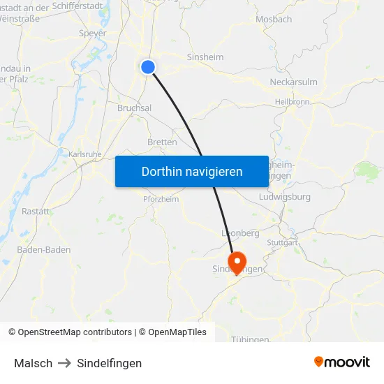 Malsch to Sindelfingen map