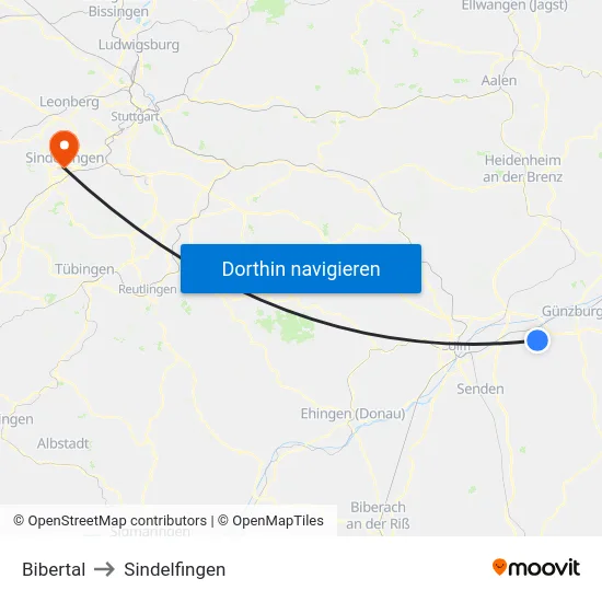 Bibertal to Sindelfingen map