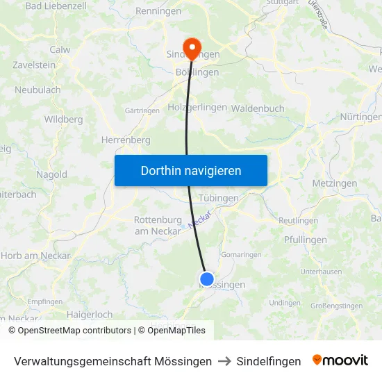 Verwaltungsgemeinschaft Mössingen to Sindelfingen map