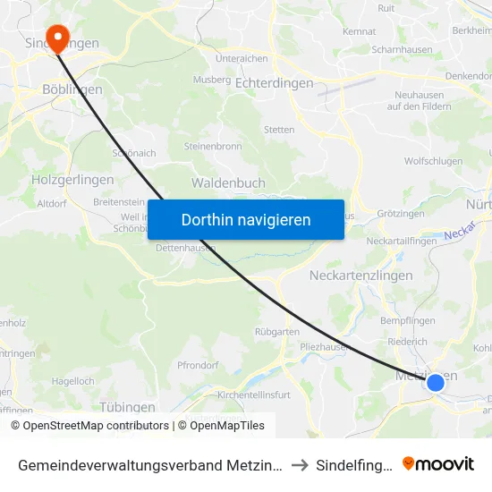 Gemeindeverwaltungsverband Metzingen to Sindelfingen map