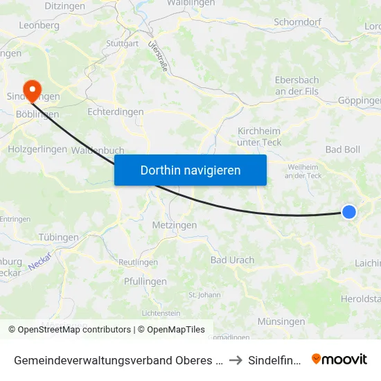 Gemeindeverwaltungsverband Oberes Filstal to Sindelfingen map